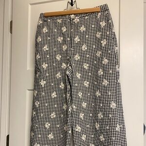 Zara Blue and White Floral Embroidered Gingham Wide Leg Pants